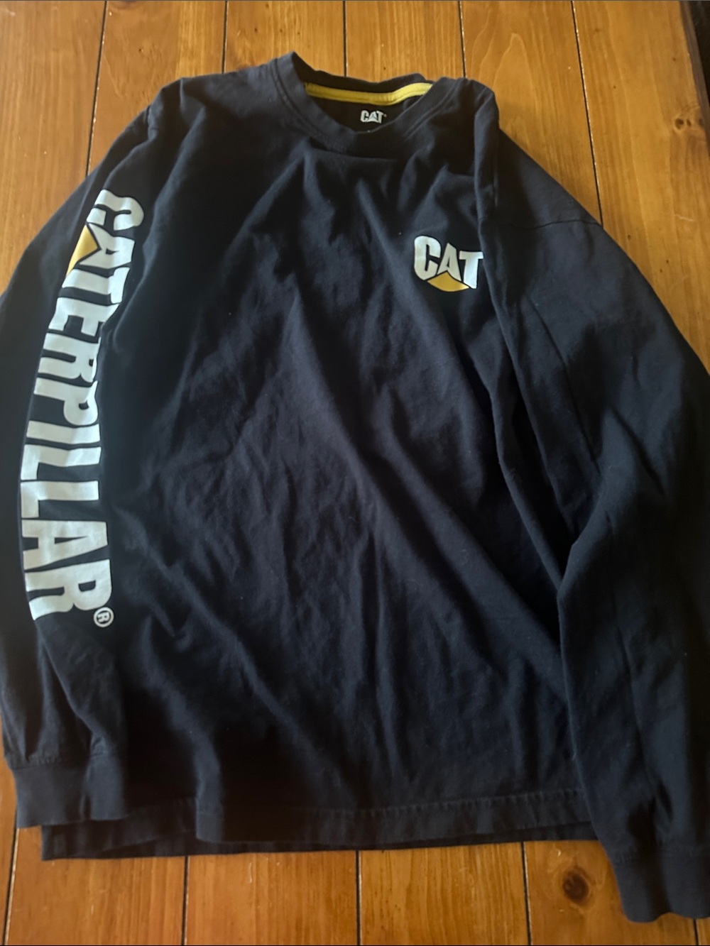 Caterpillar Black Long Sleeve Logo Tee with Yellow Accent